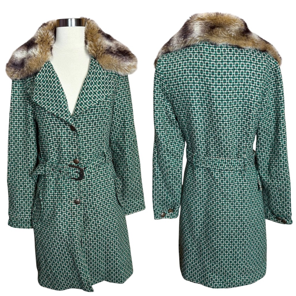 House Wool Faux Fur Collar Belted Funky Retro Inspired Longline Peacoat Jacket M